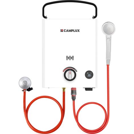 CAMPLUX First Serie Gas-Wassererwärmer 5L/min, Propan-/Butangas-Durchlauferhitzer LED-Display - F5 - Butan (28-30 mbar)/Propan (37 mbar)