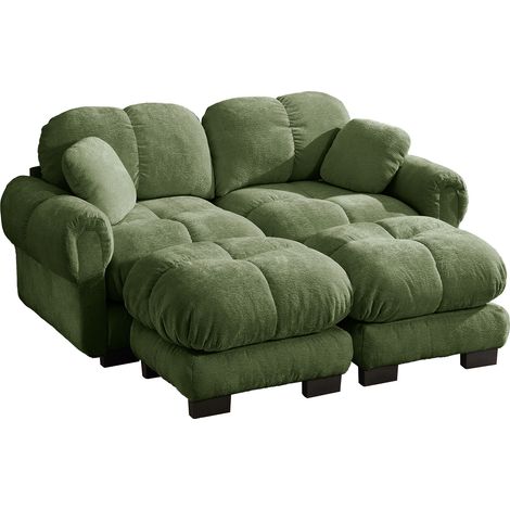 Sofá modular en U de 2 plazas de chenilla verde con puf móvil (1/5)