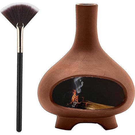 Brûleur d'encens en céramique artisanale, avec cheminée, bol à encens pour bâtonnets de sauge et brosse. (1/4)