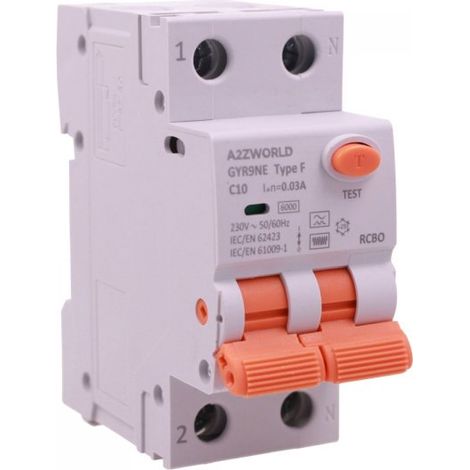 RCBO Interruttore Magnetotermico Differenziale Tipo F Curva C 1P+N 2M 6000A 30mA AC 230V IP20 Corrente Disponibili 6A 10A 16A 20A 25A 32A 40A 50A 63A (C10A)