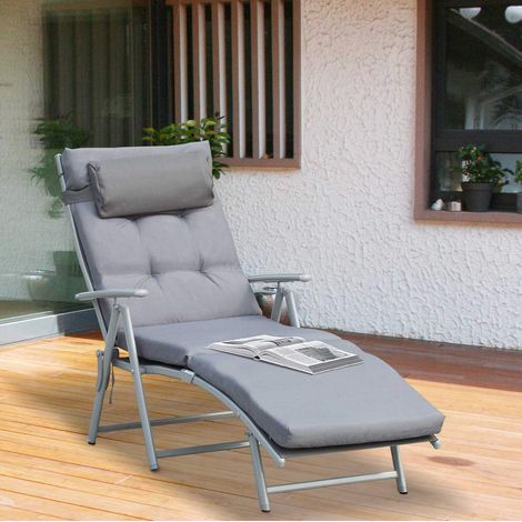 Tumbona de exterior plegable de metal gris con tejido Texteline, respaldo ajustable en 7 posiciones, 137x63,5x100,5 cm (1/5)