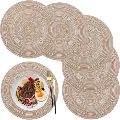 Placemats, Round Placemat PP Braided Set of 6 Washable Heat Resistant Non-Slip, 36cm, Coffee Color (1/5)