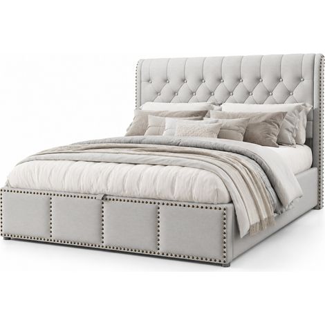 Lit coffre 140 x 200 cm avec sommier à lattes, tête de lit rembourrée 102,5 cm, rangement relevable à vérin, style sobre gris - CHICFURN (1/5)