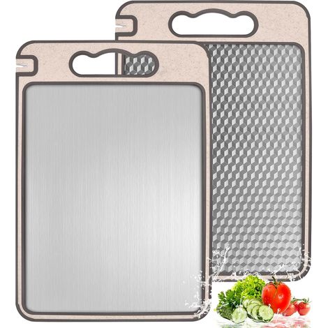 Set de 2 Planches à découper double face 36,5x24,8 cm Acier inox 304 Paille de blé Antibactérien Cuisine Viande Légumes (1/5)