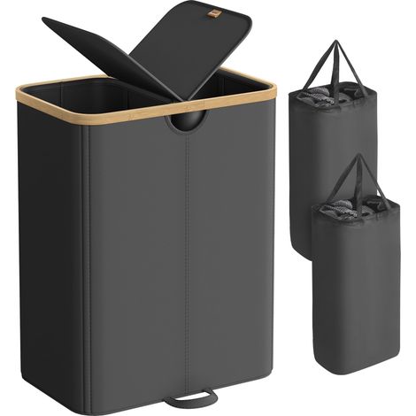SONGMICS Cesto Portabiancheria a 2 Scomparti, Porta Biancheria 150 L, con Coperchio, Sacchi Interni Rimovibili, per Lavanderia Camera da Letto Soggiorno, Nero Inchiostro e Beige Naturale LCB523B01 (1/5)