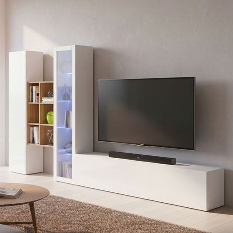 Dmora - Pared Equipada Dcragn, Conjunto de salón Mueble de TV con 3 puertas, Mueble de salón polivalente con vitrina y luz LED, 100% Made in Italy, cm 320x30h180, Blanco brillante (1/5)