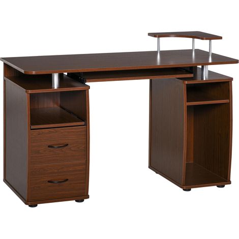 Bureau d'ordinateur moderne en bois avec tiroirs pour gagner de la place, comprenant une bibliothèque, des étagères coulissantes et un plateau pour clavier 120 x 55 x 85 cm marron. (1/5)