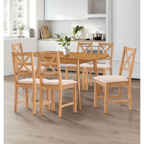 Hallowood Furniture Aston Extending Dining Table and Chairs Set 6, Wooden Light Oak Butterfly Table and Chairs in Cross Back and Beige Fabric Seats, Dining Room Sets for Home and Cafe (1/5)