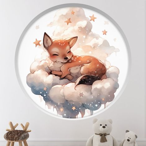 Stickers Trompe l'oeil Arche ronde Enfants - Faon dans les nuages - Diamètre 30 cm (1/4)