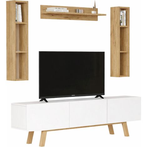 Meuble TV 70 Pouces et Etagères murales Chêne et Blanc L 180 H 200 P 31.3 cm (1/5)