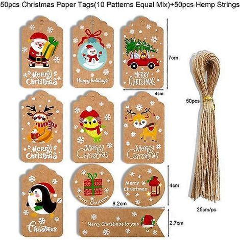 Lot de 50 étiquettes cadeaux de Noël en papier pour emballage cadeau, décorations à suspendre au sapin et décorations du Nouvel An.