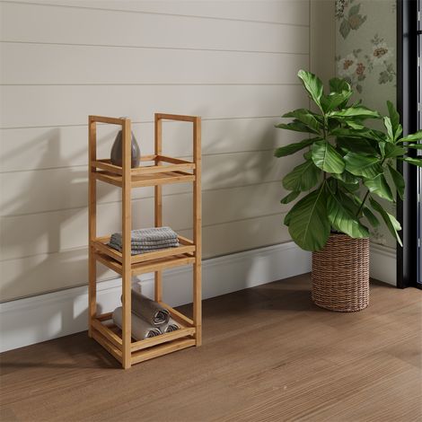 Étagère de salle de bain en bambou - 70x26x26cm - Colonne de rangement 3 niveaux et structure robuste - Naturel et Gris (1/5)