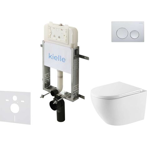 kielle Genesis New - Conjunto de instalación empotrada, inodoro Oudee, Vortex Rimless+, asiento con cierre suave y pulsador Gemini New I, cromo brillante 30528SZ56