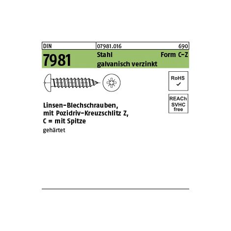 DIN 7981-C/ISO 7049 Form CZ Linsenkopf-Blechschraube VG 5,5x70 Stahl galvanisch verzinkt PZ 250 Stk (1/3)