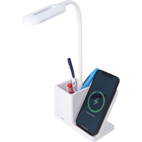 Lampe de Bureau LED avec Chargeur Induction 15W Blanche - Pot à Crayon Intégré (1/5)