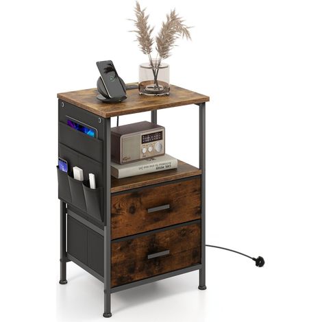 COSTWAY End Table Nightstand with Charging Station Industrial Bedside Table W/ 2 Drawers (1/5)