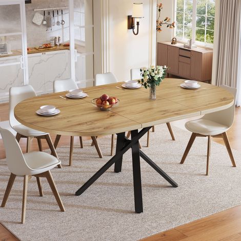 Table à manger extensible 100-140 cm forme ronde-ovale, piètement métal en X, pieds réglables, finition effet bois