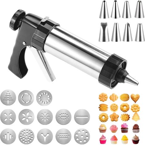Presse à Biscuits en Acier Inoxydable, Syringe à Pâte, Machine à Presser la Pâte avec 13 Pochoirs et 8 Douilles pour Décorer Gâteaux, Desserts et Biscuits (1/5)