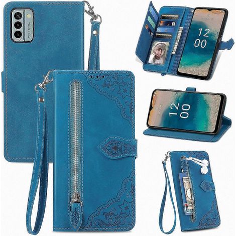 Coque Nokia G22 en cuir zip floral Emed, étui à rabat avec fermeture éclair, housse élégante pour smartphone, portefeuille multifonction, poches cartes, protection robuste, design brodé fleuri, noir c (1/4)
