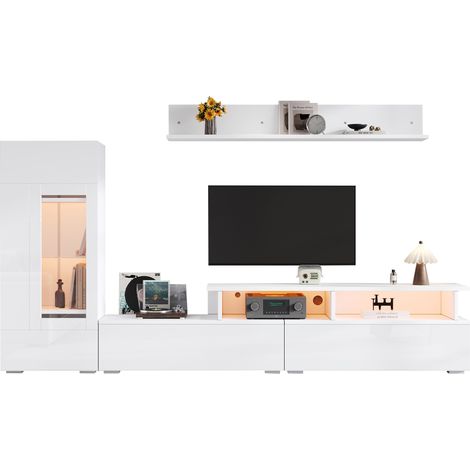 ELVMI Set Mobile TV 3 Pezzi con 3 Ante, 10 Vani e LED per Soggiorno, Bianco, 170 x 35 x 45 cm (1/5)