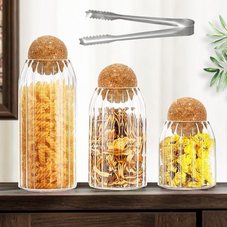 Glas Vorratsgläser 3er-Set mit Korken, gerippt, 500/700/1000 ml (1/5)
