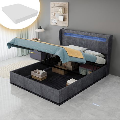 Letto imbottito moderno in tessuto grigio 140x200 cm con testiera regolabile e LED integrato, struttura in metallo