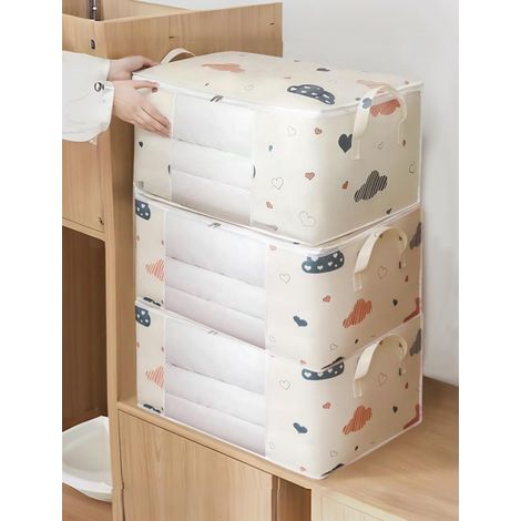Lot de 3 grands sacs de rangement pliables avec poignée renforcée, fenêtre transparente, fermeture éclair, sacs de déménagement et conteneurs de rangement pour literie, couettes, vêtements, beige. (1/5)