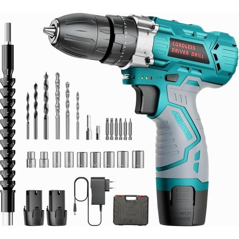 12V Compact Cordless Drill – Complete Kit for Home: 25 Nm, 2 x 2000 mAh Batteries, 25 + 3 Positions, 24 Accessories with Bag – Ideal for Furniture Mounting (1/5)
