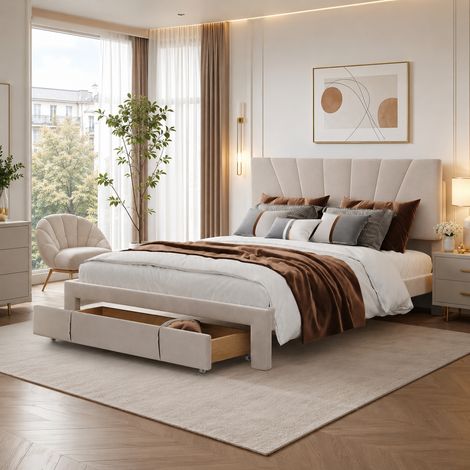 Lit double 140×200 cm, 1 tiroir de rangement, lit capitonné, tête de lit réglable, cadre de lit 140×200, style moderne, sommie à lattes, lit adulte, lit ados, Velours, Beige (1/5)