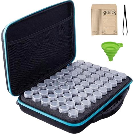 Samen-Aufbewahrungsbox, tragbarer und sicherer Samen-Organizer, inklusive 60 Behältern, einem Trichter, einer Pinzette für Gartensamen, einem Samenbeutel und zehn Beuteln. (1/5)