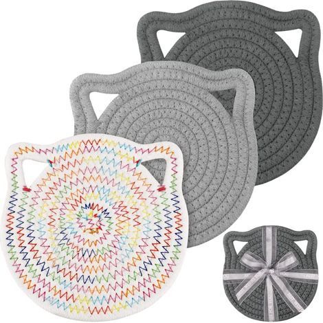 3 Set de Table Rond Tressé Lin Coton Lavable, Couleur Enfant Forme Chat Mignon, Épais 0,8cm Nature Tapis Résistant à la Chaleur (18cm, Gris Foncé, Gris, Multicolore), (AA-2001) (1/5)