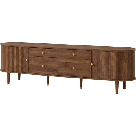 Mueble TV bajo de MDF y aglomerado, puertas correderas, 4 cajones y patas de madera - nogal (1/5)