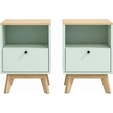 CHICFURN Set di 2 comodini 40 x 40 x 55 cm MDF verde chiaro finitura rovere, con contenitore (1/5)