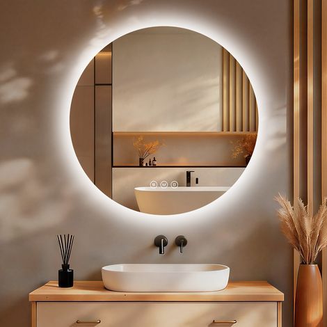 Miroir salle de bain LED rond 60 cm S'AFIELINA, dimmable, 3 couleurs, anti-buée, tactile, mémoire, HD, film anti-explosion, économe en énergie, IP65