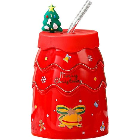 Roter, weihnachtsbaumförmiger Kaffeebecher, multifunktionaler Keramikbecher in Weihnachtsbaumform für Küche und Büro (1/2)