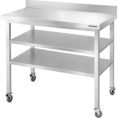 Table de travail en inox Bar 1000x700 mm avec 2 étagères inférieures et dosseret sur roulettes PREMIUM - GOLDINOX (1/4)