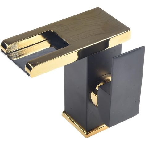 1 miscelatore a cascata per lavabo, miscelatore per lavabo da bagno, rubinetto a cascata LED, rubinetto per lavabo, miscelatore caldo e freddo (nero + oro)