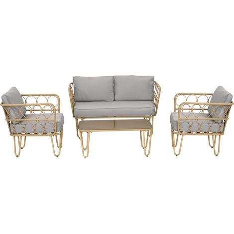 Canapé 2 places + 2 fauteuils + table basse verre trempé 7 coussins gris ensemble salon de jardin