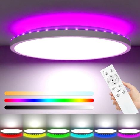 Plafonnier - Lumière blanc chaud - Intensité réglable avec télécommande et mode RGB - Étanchéité IP54 pour salle de bain - 1 pièce - Convient pour le salon et la chambre - Blanc (1/5)
