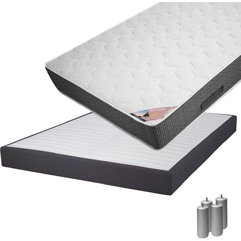 BERMUDES - Pack Matelas 140x190 + Sommier Tapissier Démontable 2x20 Lattes Anthracites + Pieds Argent 15cm (1/5)