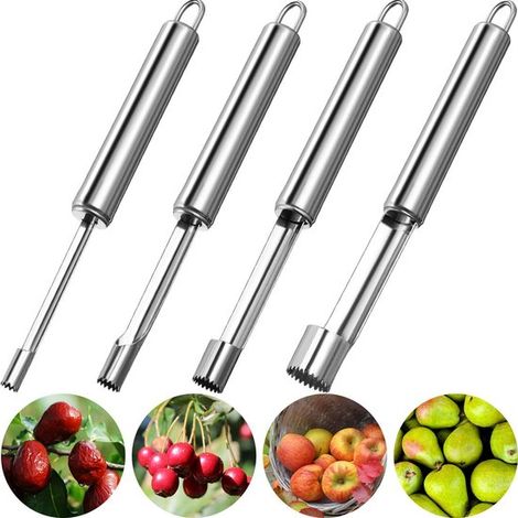 Set di 4 pezzi per snocciolare frutta per uso domestico, snocciolatore per mele, snocciolatore da cucina, snocciolatore multifunzionale, acciaio inossidabile, argento (1/5)