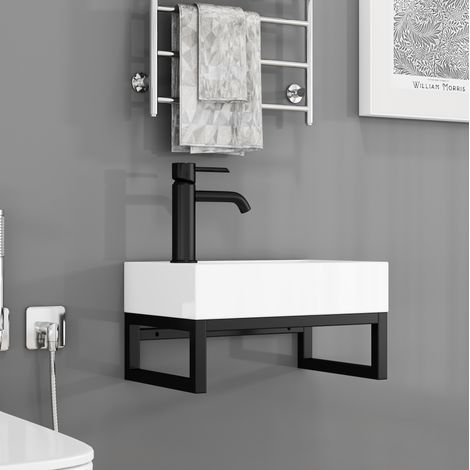 Lave-mains mural 40,2x25,1x21 cm en céramique blanc mat avec cadre métal, gain de place – MEUBLIV (1/5)