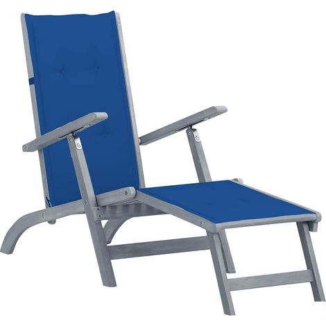 Chaise longue d'extérieur repose-pied et coussin Acacia solide