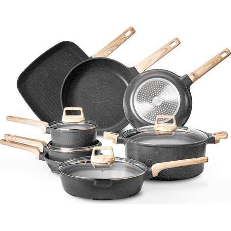Mophorn Juego de Ollas y Sartenes de 19 Piezas, Antiadherentes de Granito, para Inducción, Apto para Cocina de Autocaravanas, con Tapas de Vidrio Templado y Protectores, Apto para Estufa, Color Negro