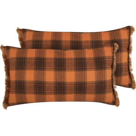Beliani Decorative Cushions Orange 70 x 40 x 12 cm of Retro (pack of 2) Fabric, 100% Polyester, Polyester Filling, Rectangular, Checked BARJA (1/5)