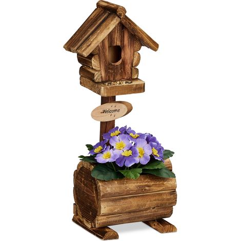 Relaxdays Decorative Bird House, with Flowerpot, Wooden Feeder, HWD: 41 x 15 x 15 cm, Garden, Patio & Balcony, Natural (1/5)