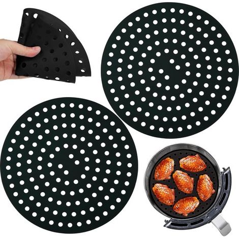 Runde Silikon Airfryer Matten (20 cm Durchmesser), 2 Stück antihaftbeschichtet, wiederverwendbar, perforiert, hitzebeständig, spülmaschinenfest, (1/5)
