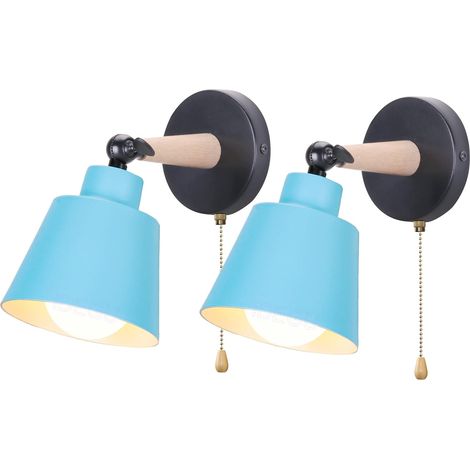 Lot de 2 Appliques Murales Rétro Vintage E27 Luminaire Plafonnier Industriel en Bois et Métal Réglable Lampe Murale Interieur avec Interrupteur Applique Moderne pour Chambre Entrée Salon (Bleu) (1/5)