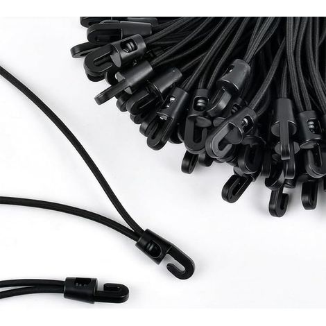 20 Mini Bungee Cords with Hooks Black 10cm - Tarp Sandow, Plastic Hook, Ideal for Tarp, Camping & Outdoor Fastening (1/5)