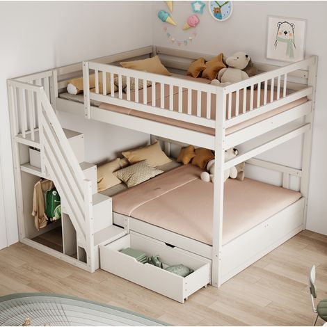 Lit superposé 140x200 avec rangements, bois blanc OKMYHOME (1/5)